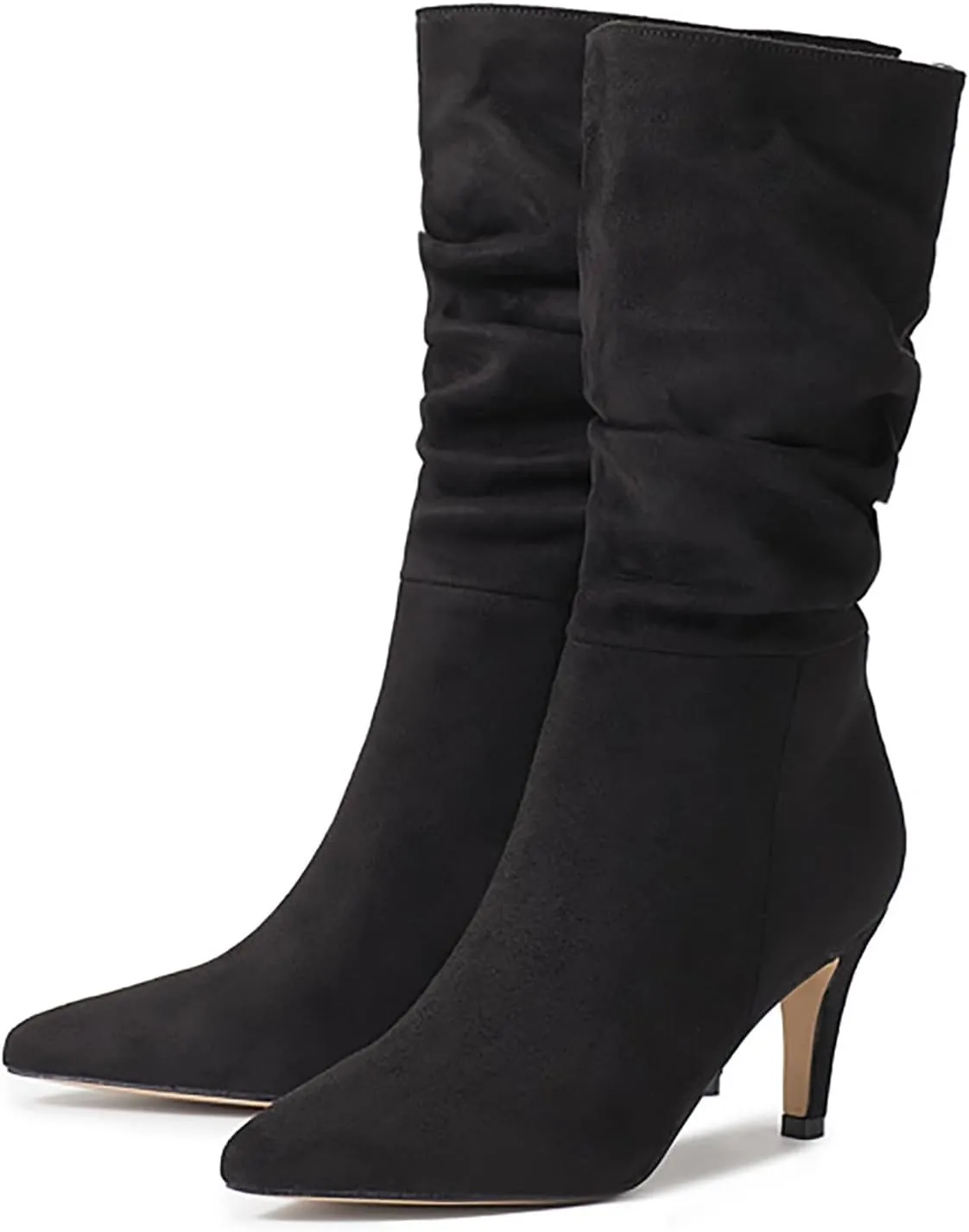 Women Mid Calf Slouchy Boots Pleated Suede Pointed Toe Stiletto Heels Boots Wide Calf Slip On Dress Ankle Booties