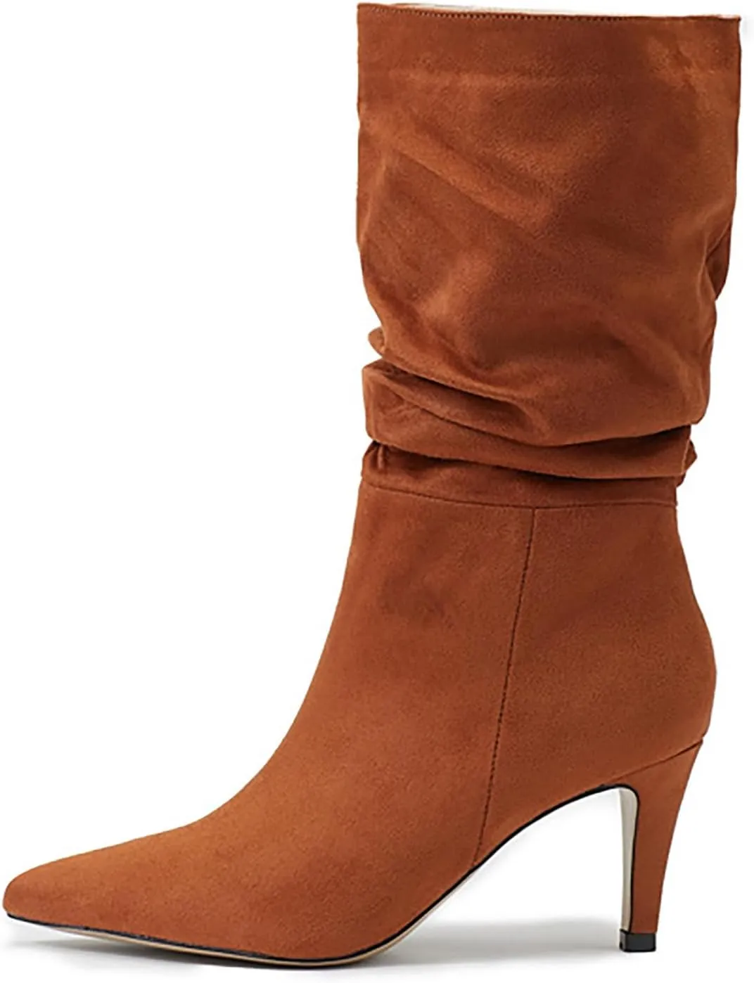 Women Mid Calf Slouchy Boots Pleated Suede Pointed Toe Stiletto Heels Boots Wide Calf Slip On Dress Ankle Booties