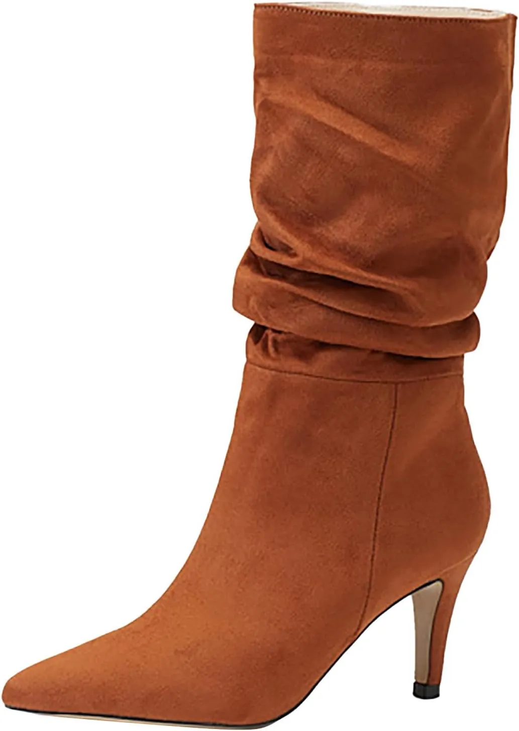 Women Mid Calf Slouchy Boots Pleated Suede Pointed Toe Stiletto Heels Boots Wide Calf Slip On Dress Ankle Booties