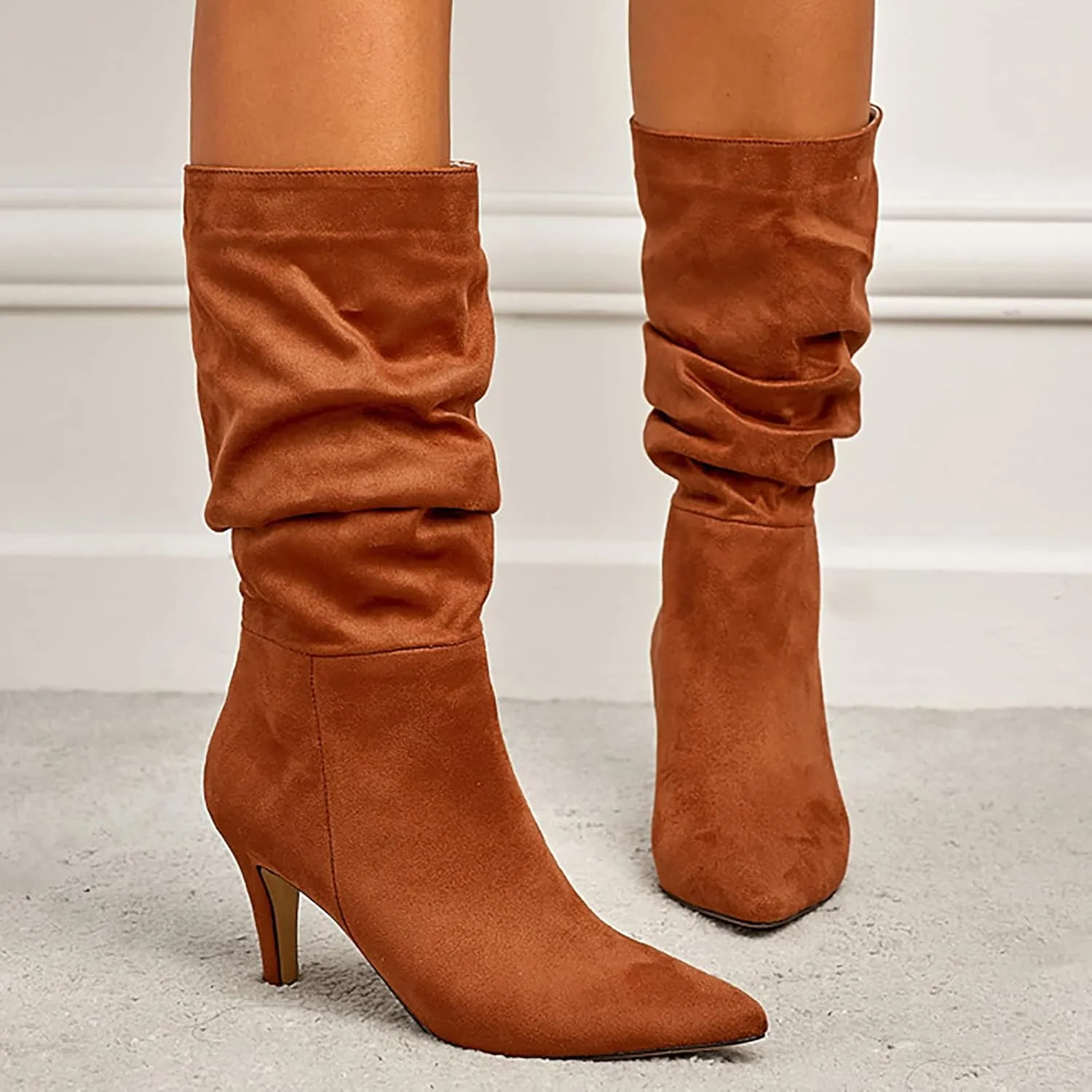Women Mid Calf Slouchy Boots Pleated Suede Pointed Toe Stiletto Heels Boots Wide Calf Slip On Dress Ankle Booties
