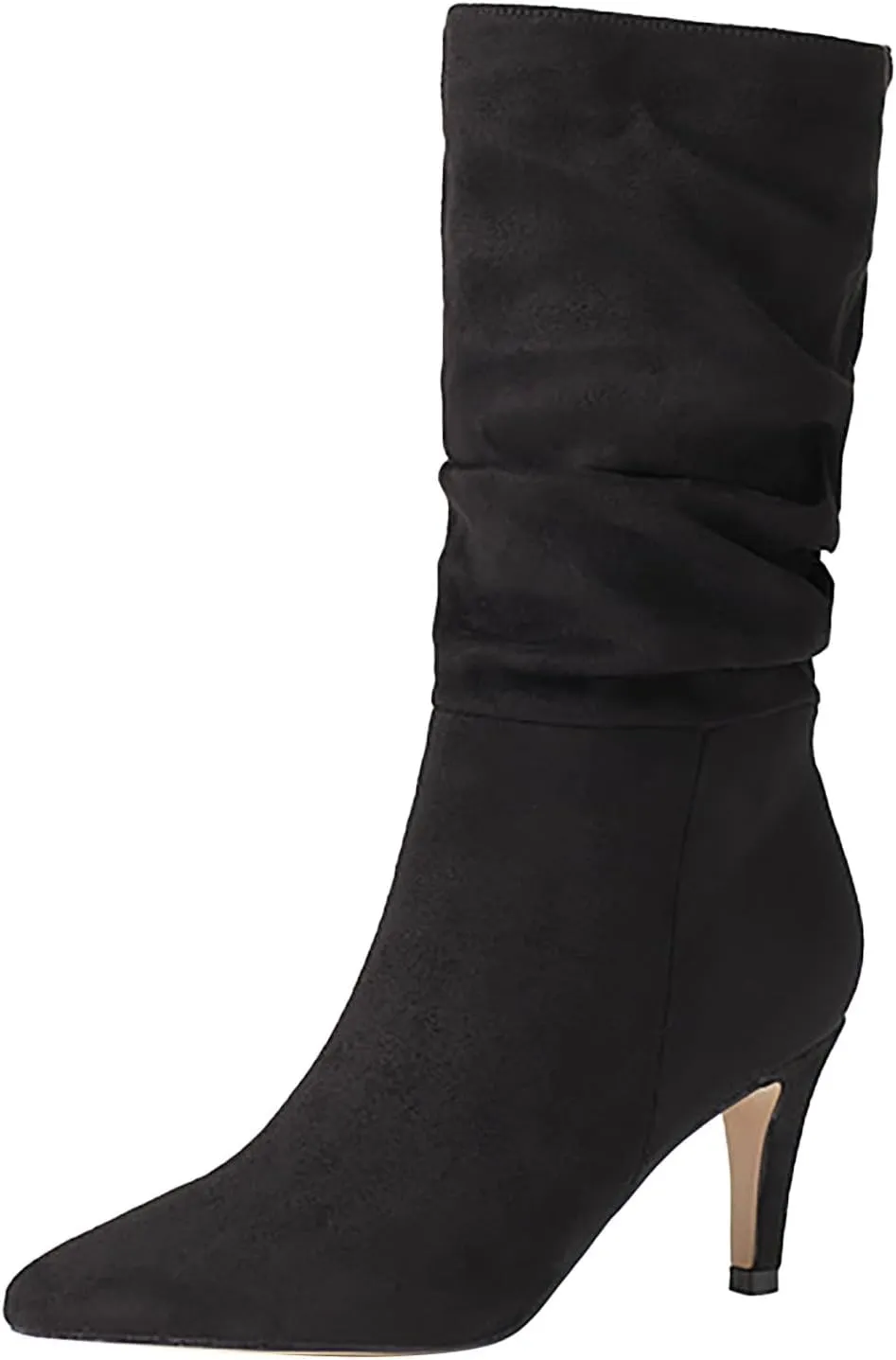 Women Mid Calf Slouchy Boots Pleated Suede Pointed Toe Stiletto Heels Boots Wide Calf Slip On Dress Ankle Booties