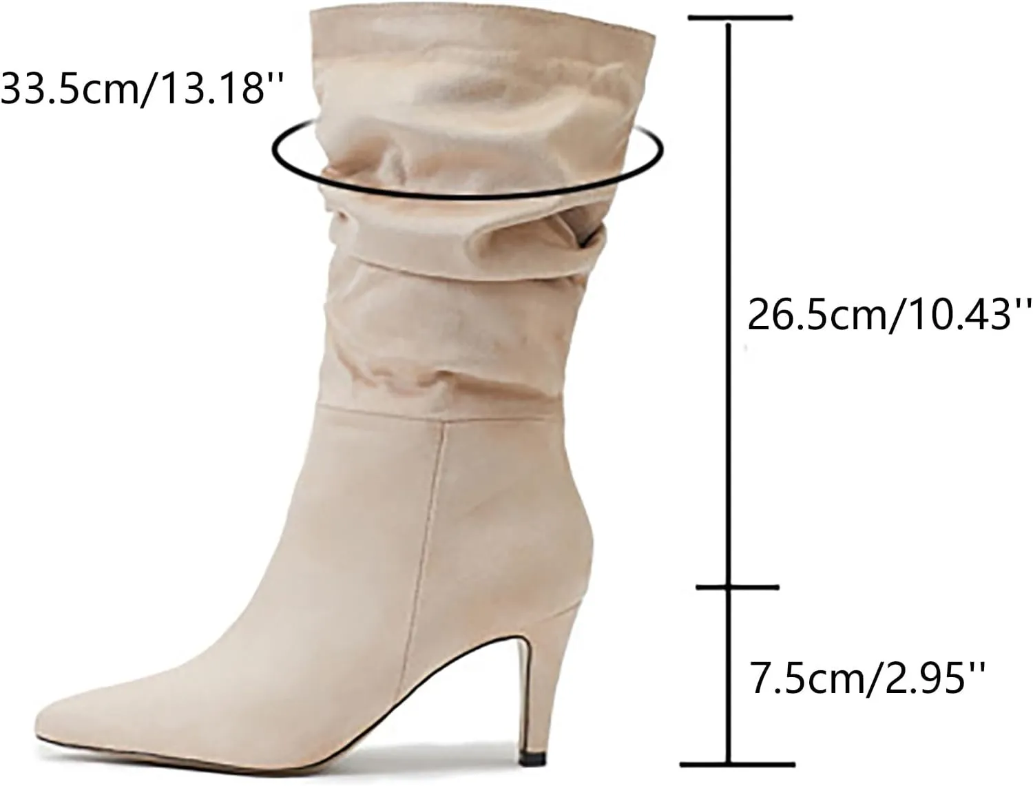 Women Mid Calf Slouchy Boots Pleated Suede Pointed Toe Stiletto Heels Boots Wide Calf Slip On Dress Ankle Booties