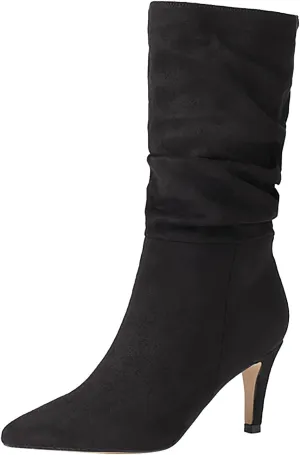 Women Mid Calf Slouchy Boots Pleated Suede Pointed Toe Stiletto Heels Boots Wide Calf Slip On Dress Ankle Booties