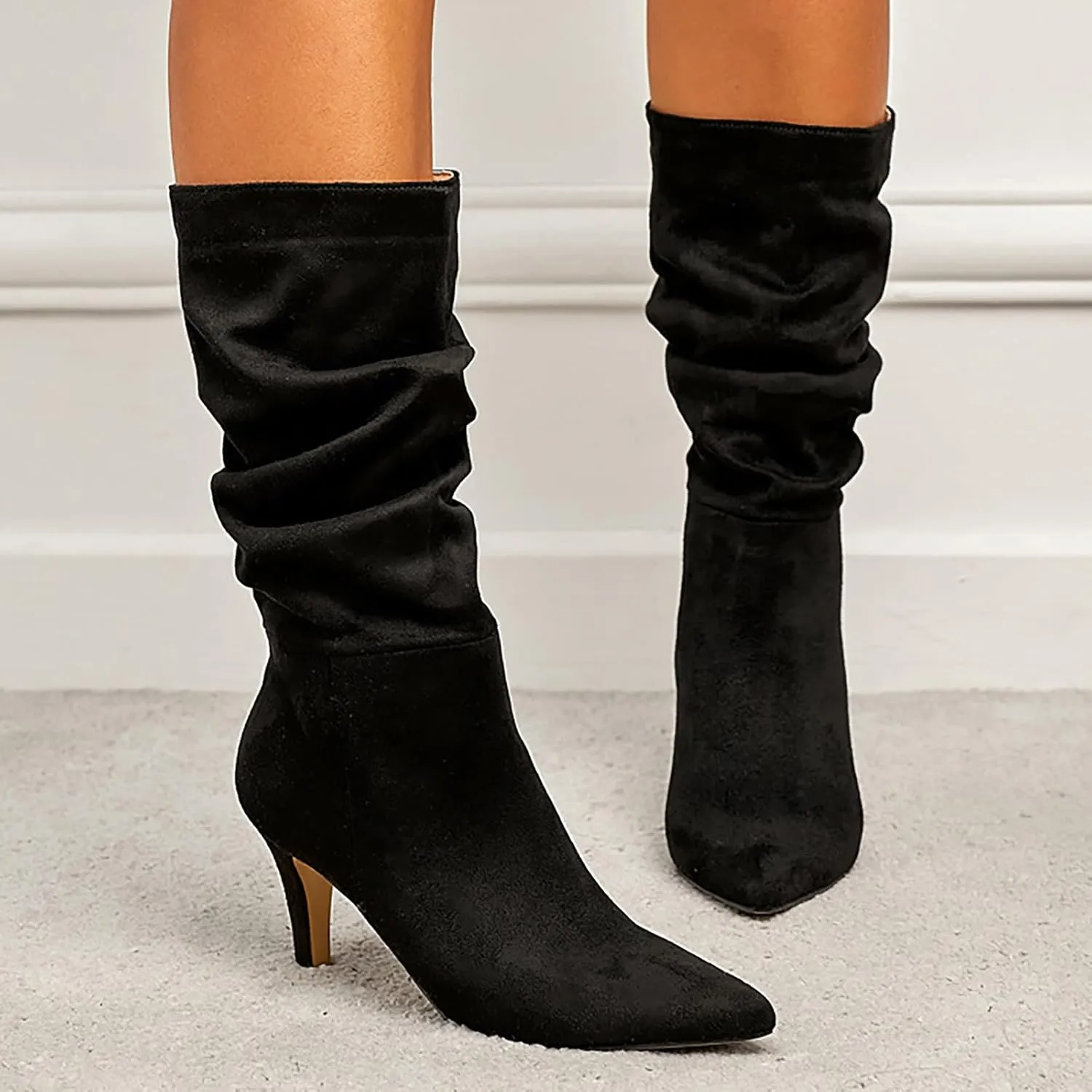 Women Mid Calf Slouchy Boots Pleated Suede Pointed Toe Stiletto Heels Boots Wide Calf Slip On Dress Ankle Booties