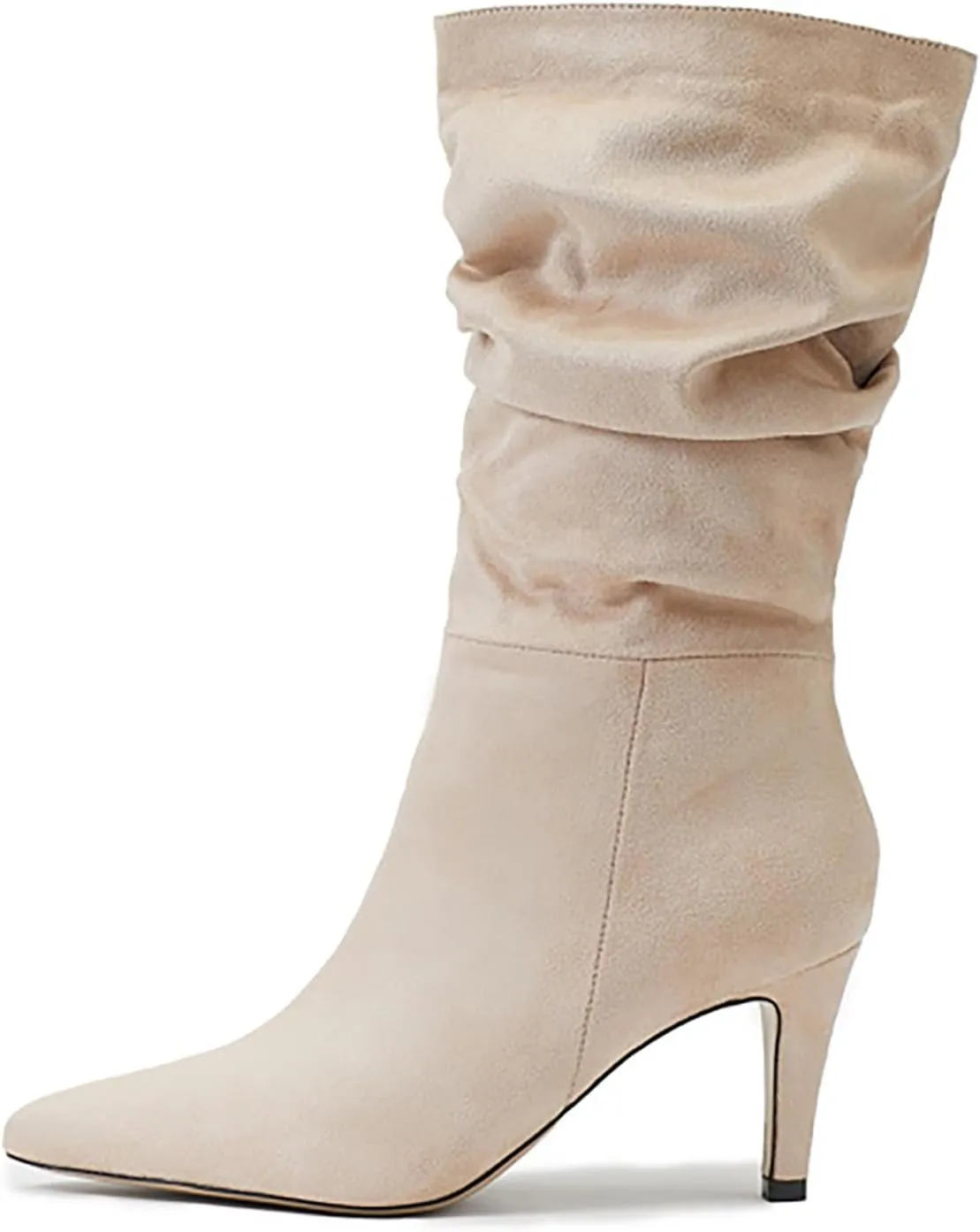 Women Mid Calf Slouchy Boots Pleated Suede Pointed Toe Stiletto Heels Boots Wide Calf Slip On Dress Ankle Booties