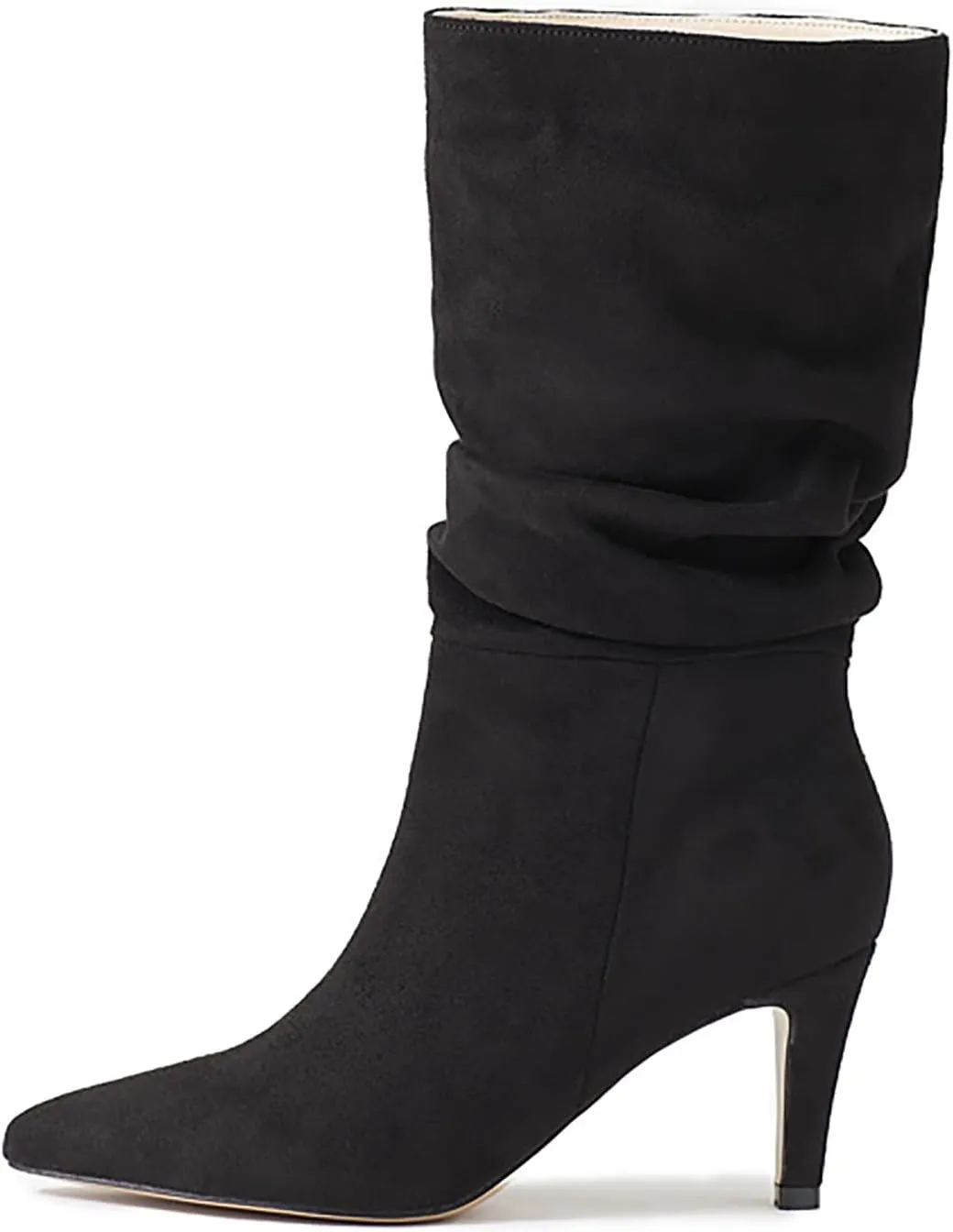 Women Mid Calf Slouchy Boots Pleated Suede Pointed Toe Stiletto Heels Boots Wide Calf Slip On Dress Ankle Booties