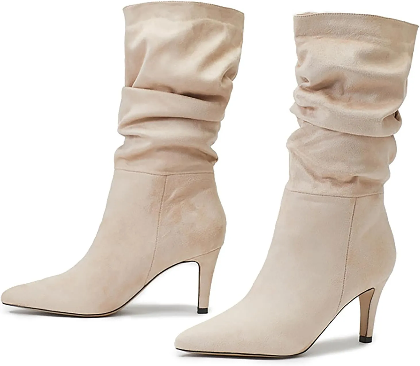 Women Mid Calf Slouchy Boots Pleated Suede Pointed Toe Stiletto Heels Boots Wide Calf Slip On Dress Ankle Booties