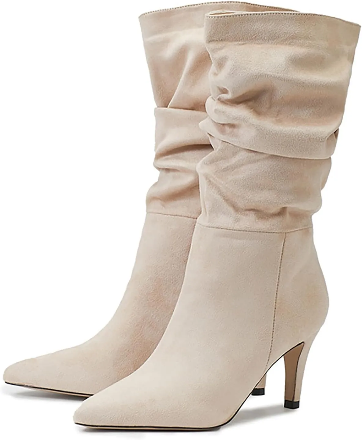 Women Mid Calf Slouchy Boots Pleated Suede Pointed Toe Stiletto Heels Boots Wide Calf Slip On Dress Ankle Booties
