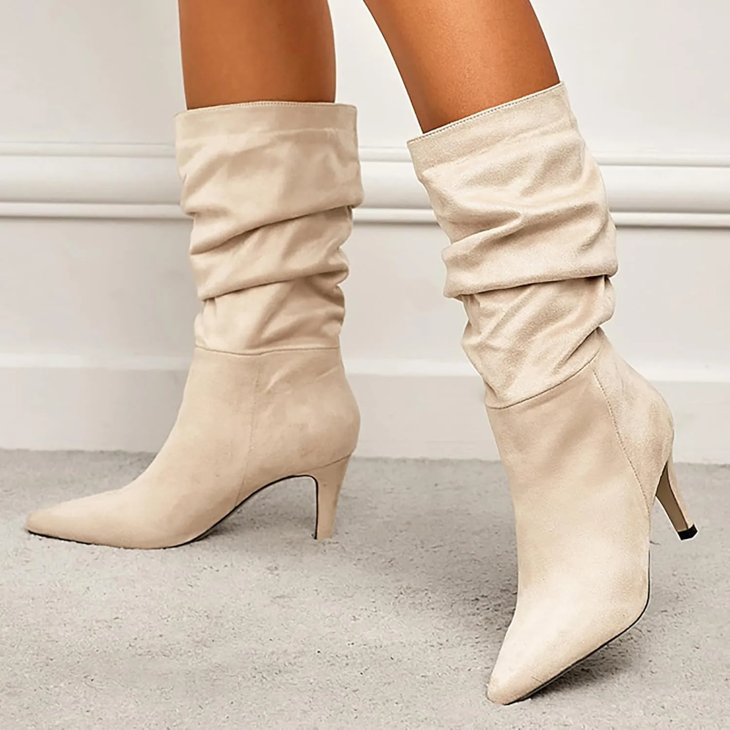 Women Mid Calf Slouchy Boots Pleated Suede Pointed Toe Stiletto Heels Boots Wide Calf Slip On Dress Ankle Booties