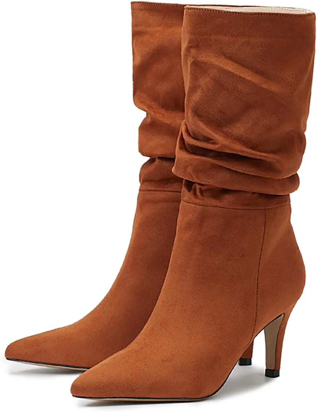 Women Mid Calf Slouchy Boots Pleated Suede Pointed Toe Stiletto Heels Boots Wide Calf Slip On Dress Ankle Booties