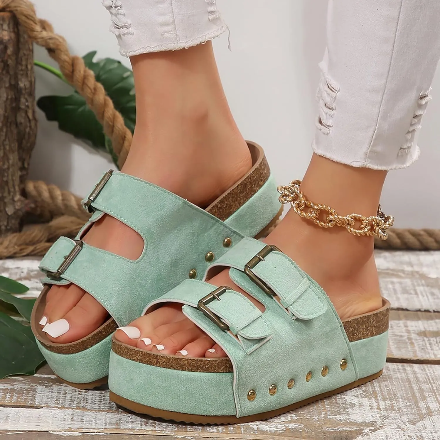 Women Platform Sandals Dual Buckled Straps Suede Clogs Slip-On Flatform Cork Slides Comfortable Slippers Fashion Shoes
