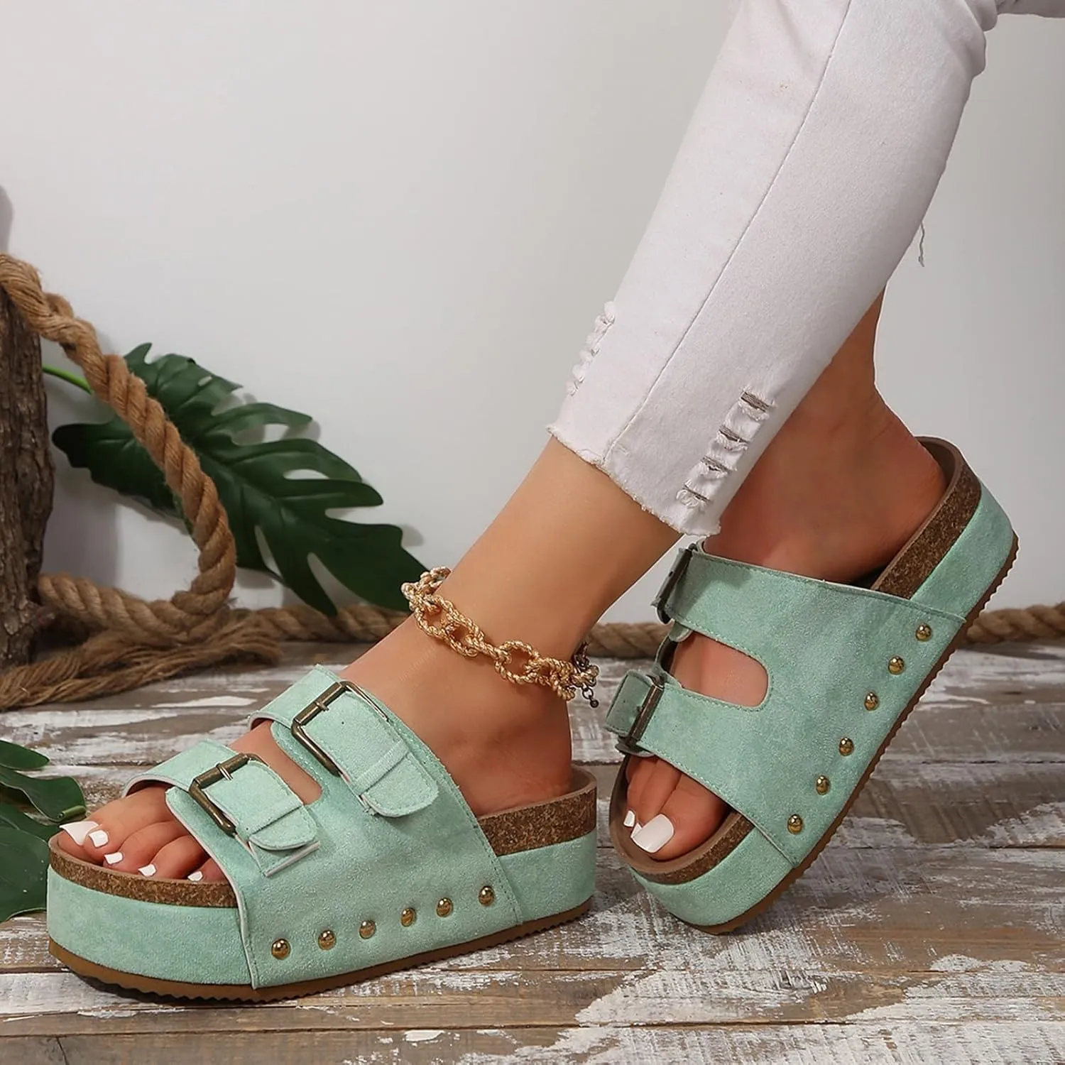Women Platform Sandals Dual Buckled Straps Suede Clogs Slip-On Flatform Cork Slides Comfortable Slippers Fashion Shoes