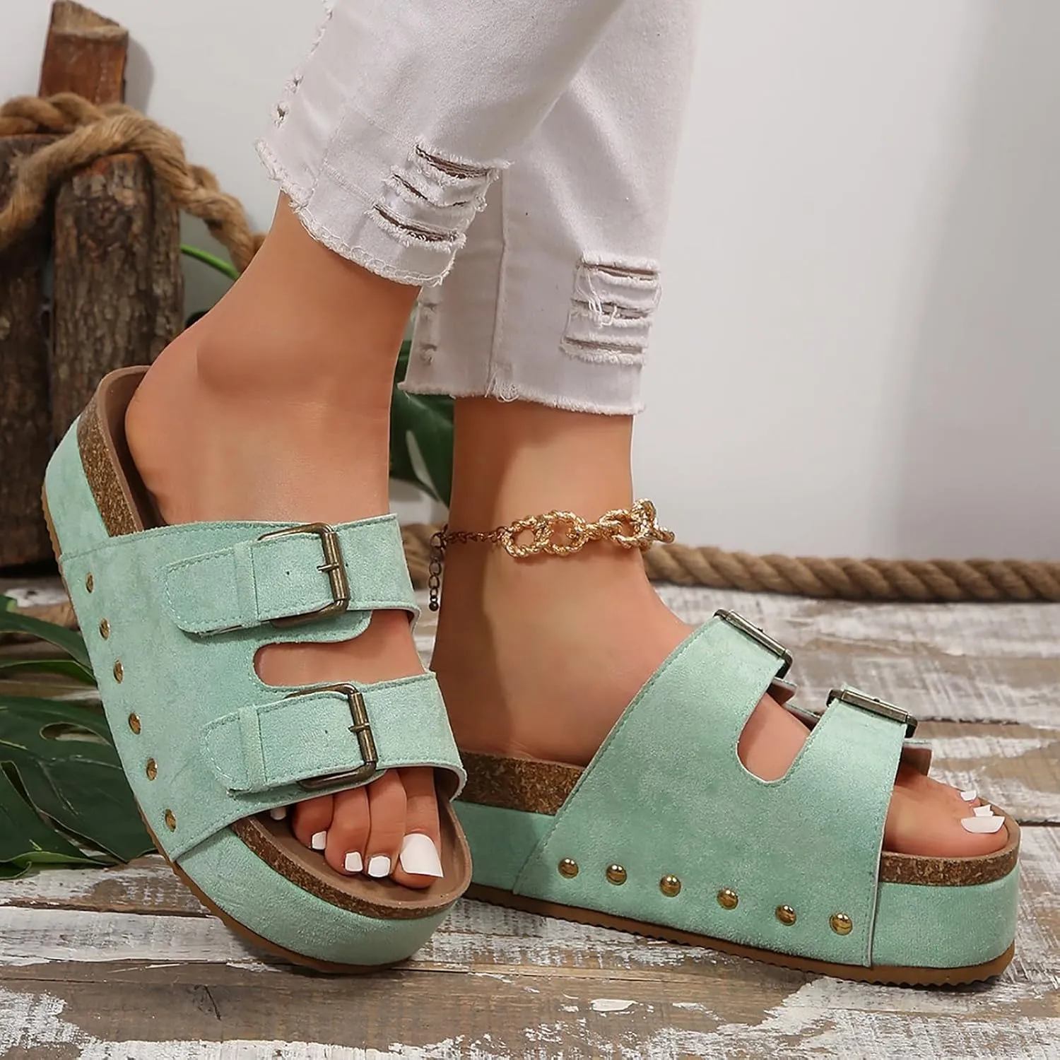 Women Platform Sandals Dual Buckled Straps Suede Clogs Slip-On Flatform Cork Slides Comfortable Slippers Fashion Shoes