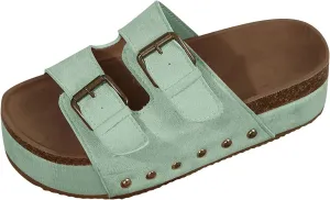 Women Platform Sandals Dual Buckled Straps Suede Clogs Slip-On Flatform Cork Slides Comfortable Slippers Fashion Shoes