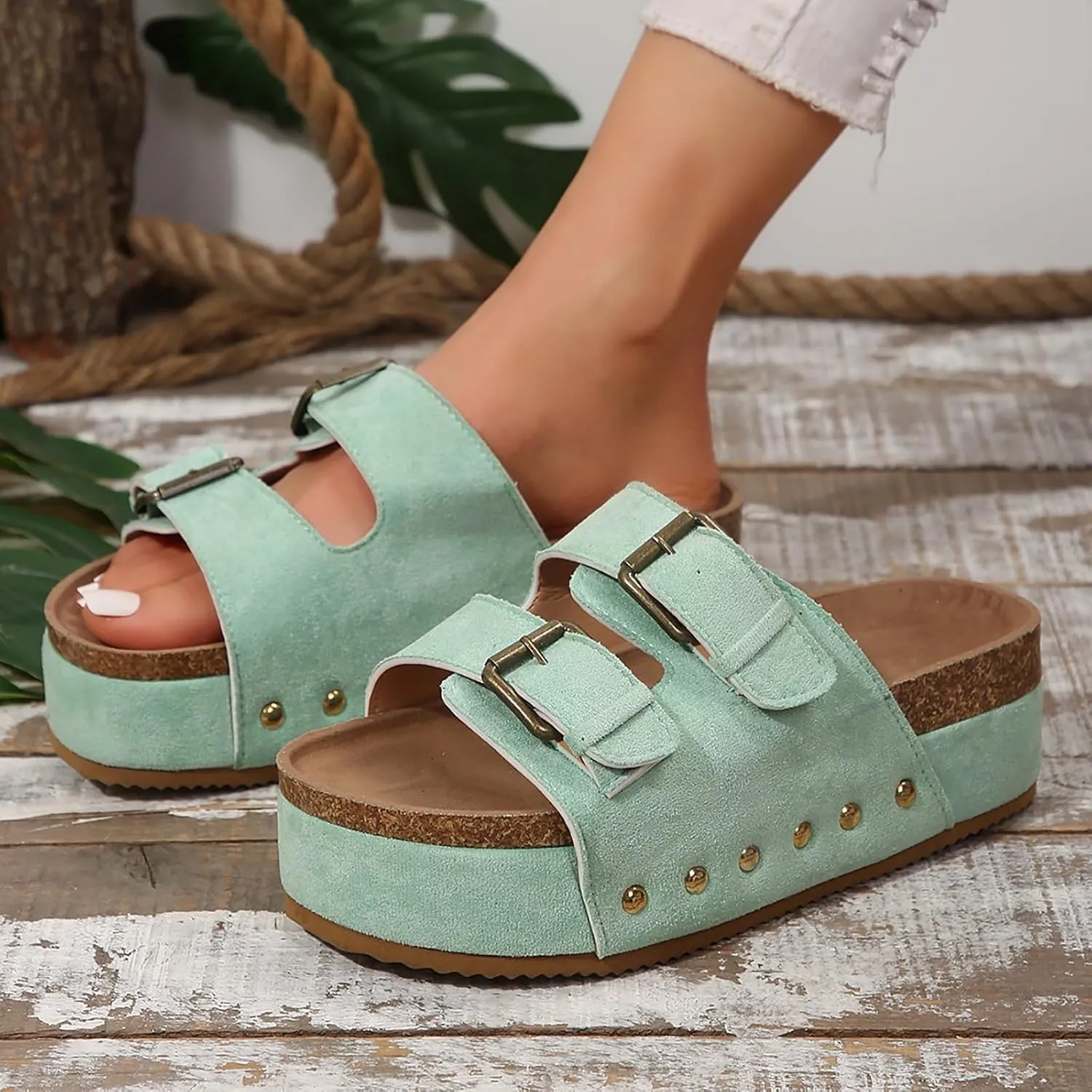 Women Platform Sandals Dual Buckled Straps Suede Clogs Slip-On Flatform Cork Slides Comfortable Slippers Fashion Shoes