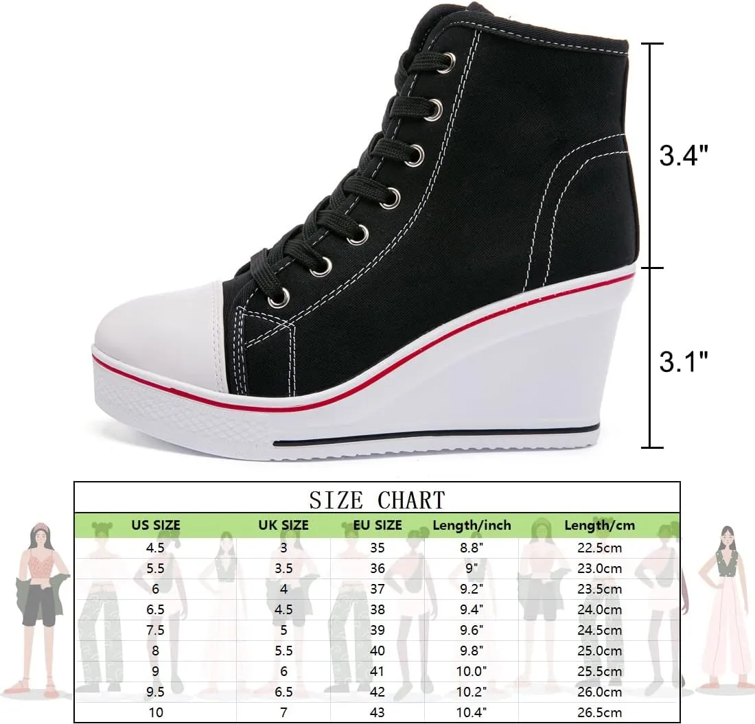 Womens Lace Up Heel Sneakers, Platform Wedge Sneakers Ankle Booties with Zipper Casual Canvas Fashion Sneaker for Girls