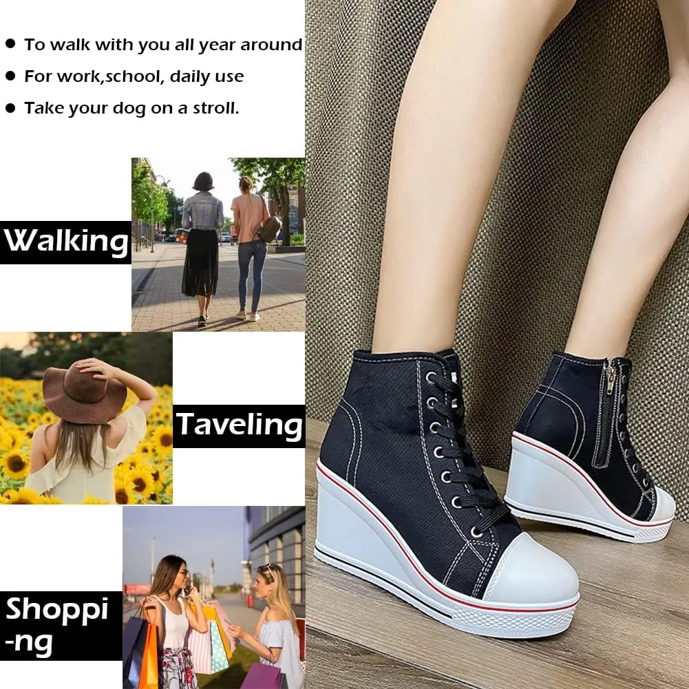 Womens Lace Up Heel Sneakers, Platform Wedge Sneakers Ankle Booties with Zipper Casual Canvas Fashion Sneaker for Girls