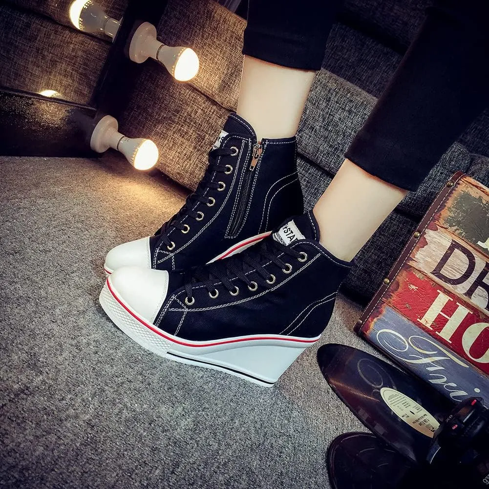 Womens Lace Up Heel Sneakers, Platform Wedge Sneakers Ankle Booties with Zipper Casual Canvas Fashion Sneaker for Girls