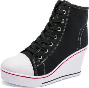 Womens Lace Up Heel Sneakers, Platform Wedge Sneakers Ankle Booties with Zipper Casual Canvas Fashion Sneaker for Girls