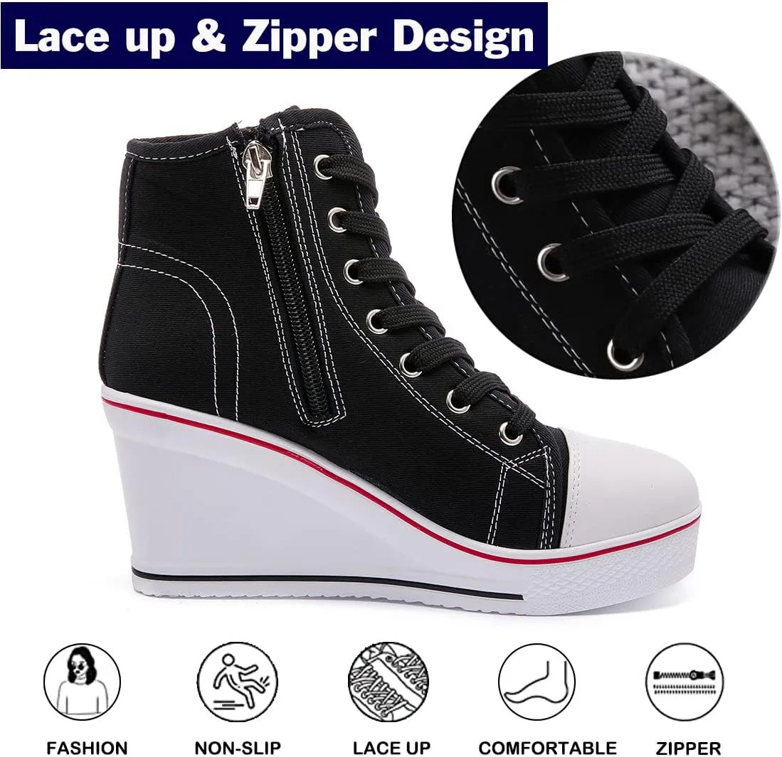 Womens Lace Up Heel Sneakers, Platform Wedge Sneakers Ankle Booties with Zipper Casual Canvas Fashion Sneaker for Girls