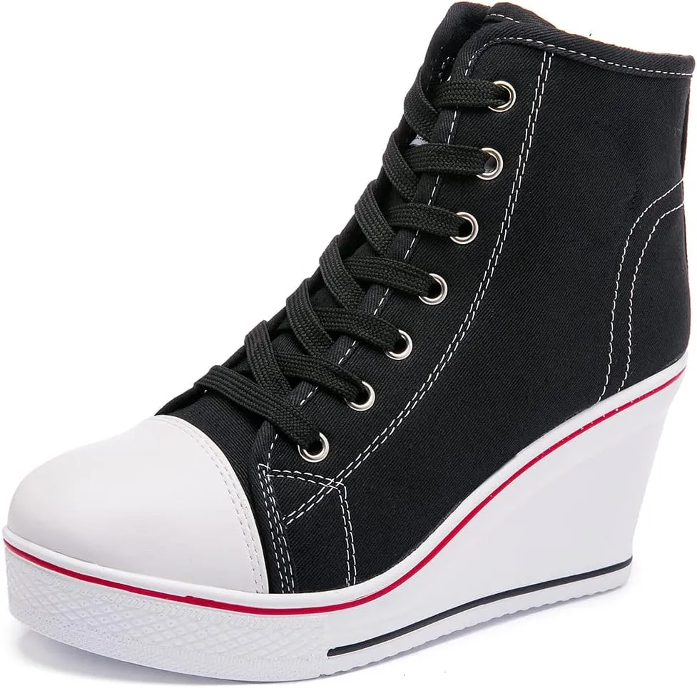 Womens Lace Up Heel Sneakers, Platform Wedge Sneakers Ankle Booties with Zipper Casual Canvas Fashion Sneaker for Girls
