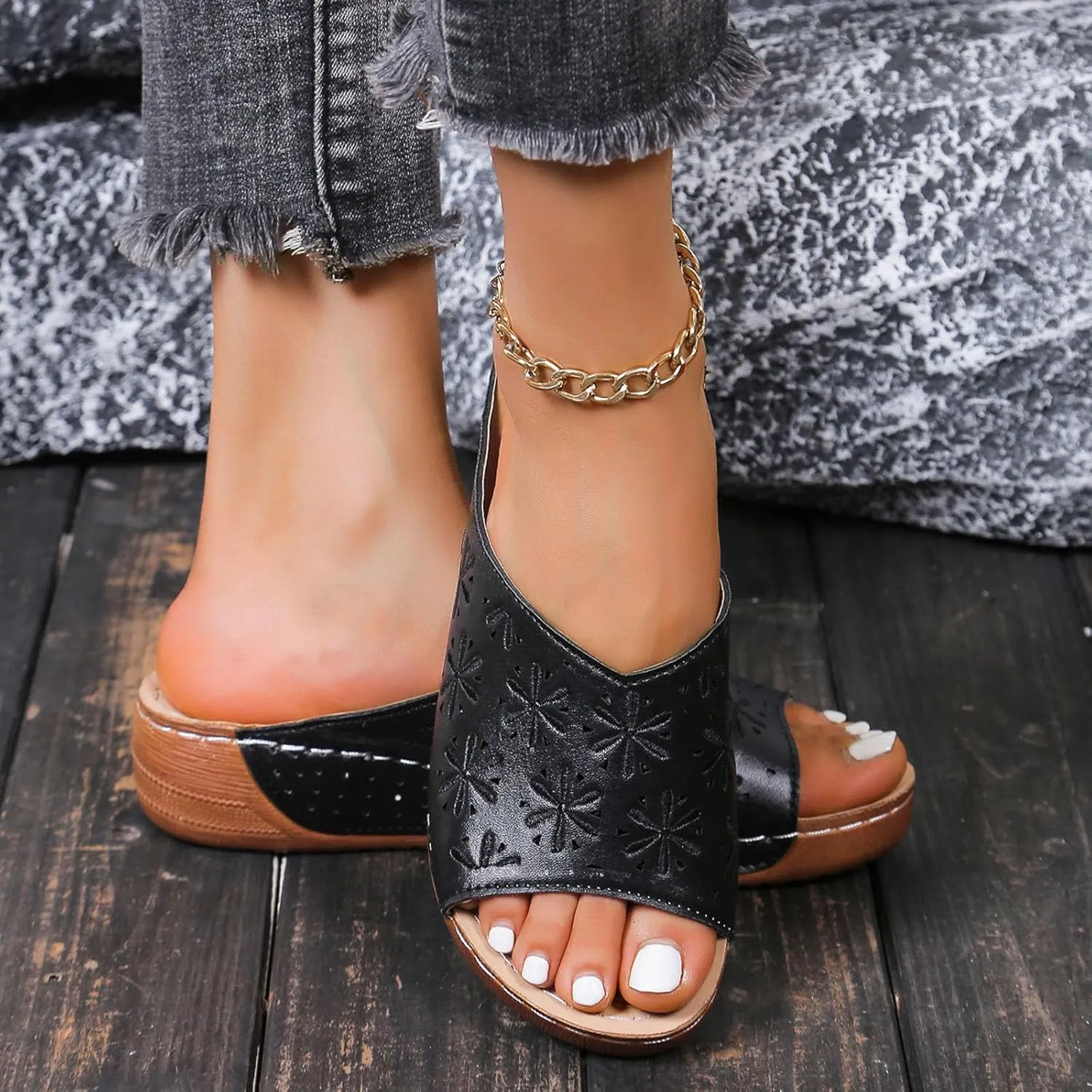Womens Wedge Sandals Open Toe Comfortable Walking Platform Slides Orthopedic Sandal Casual Slip on Summer Shoes