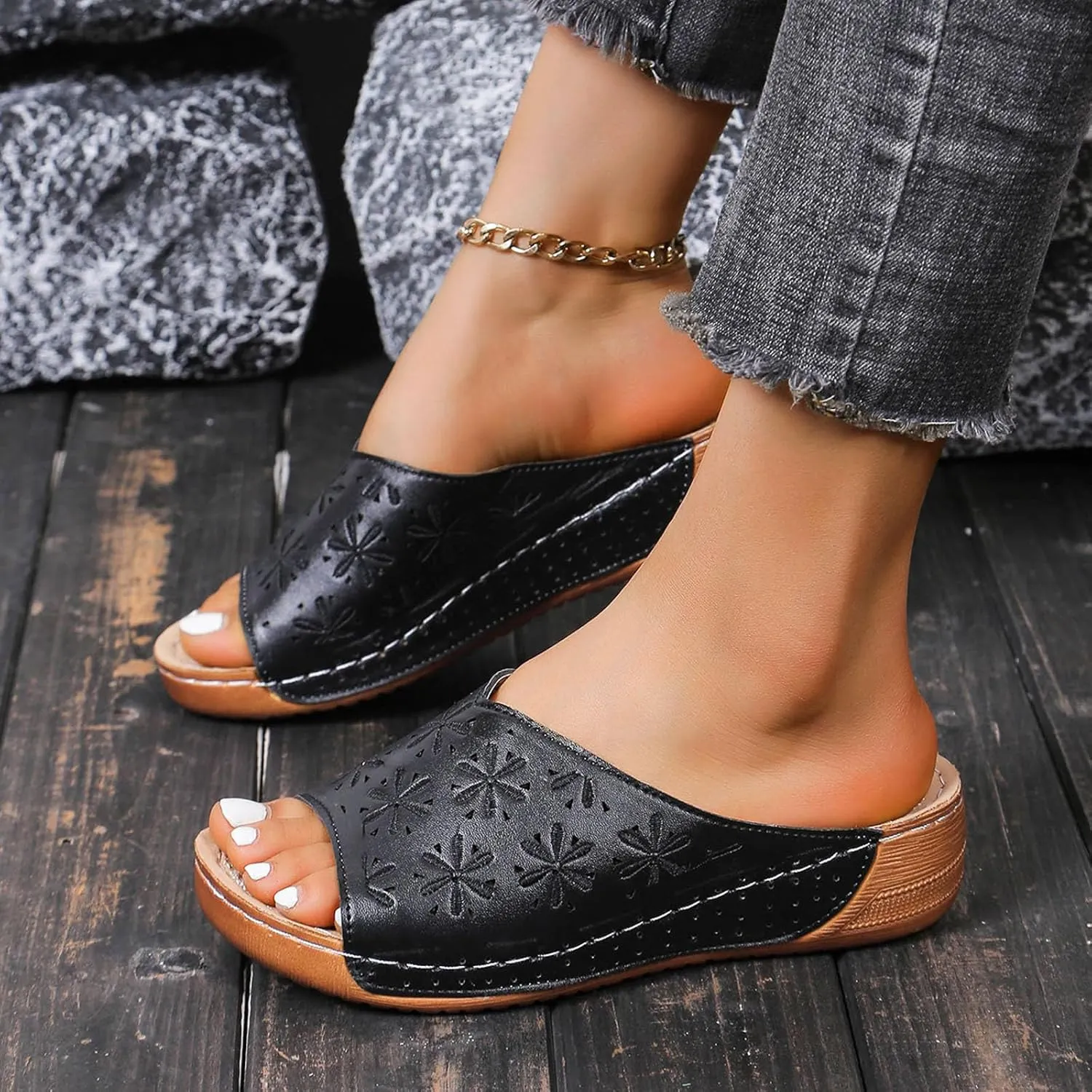 Womens Wedge Sandals Open Toe Comfortable Walking Platform Slides Orthopedic Sandal Casual Slip on Summer Shoes
