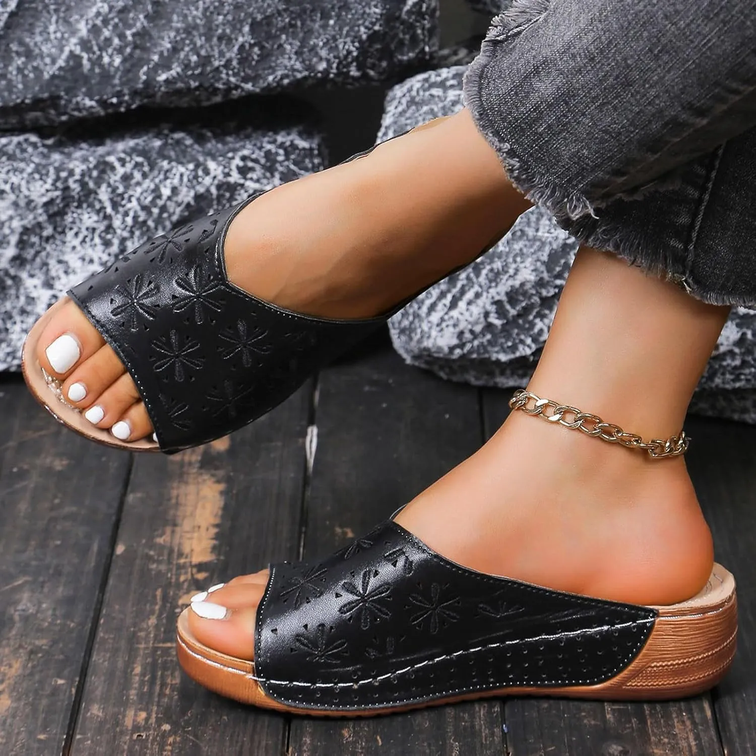 Womens Wedge Sandals Open Toe Comfortable Walking Platform Slides Orthopedic Sandal Casual Slip on Summer Shoes