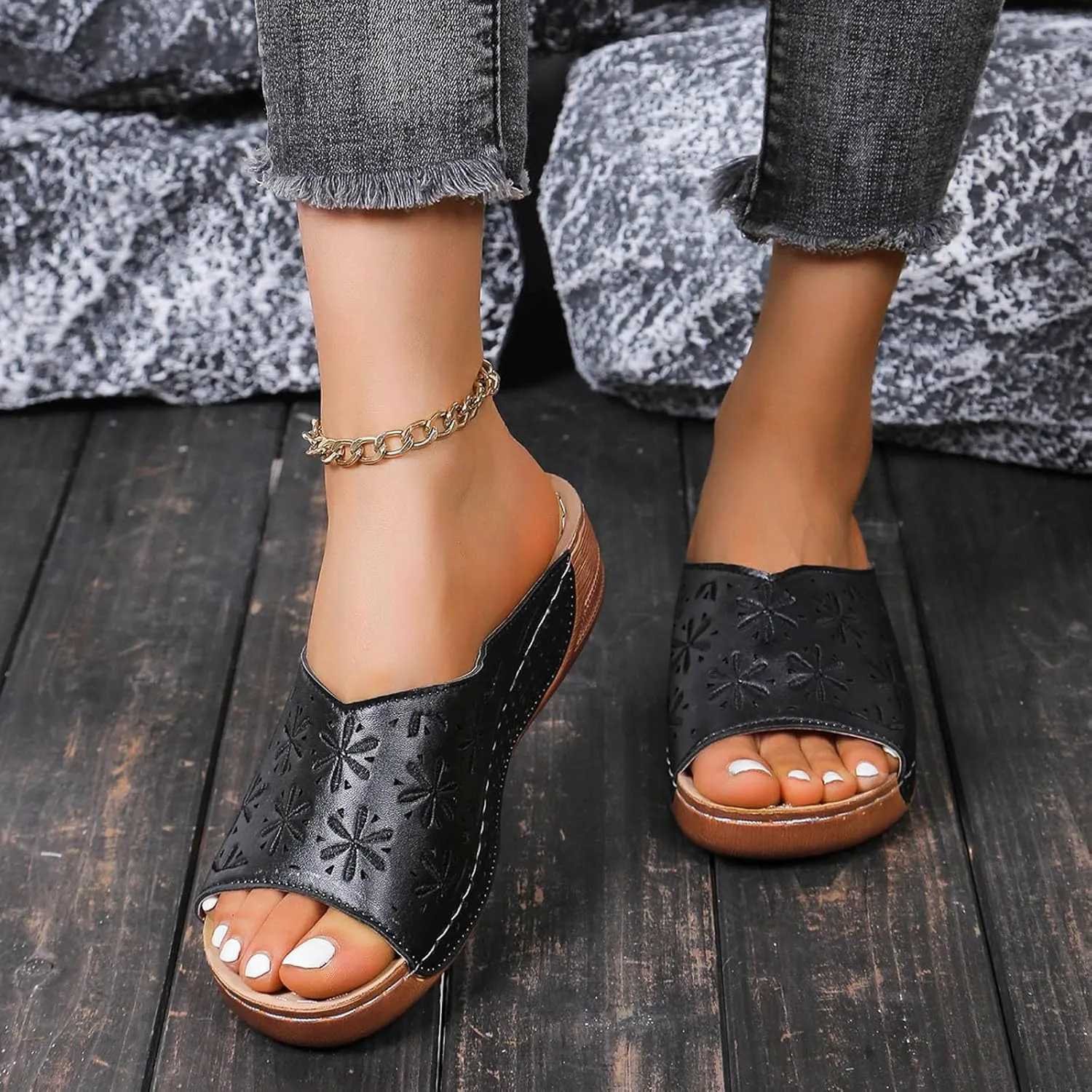 Womens Wedge Sandals Open Toe Comfortable Walking Platform Slides Orthopedic Sandal Casual Slip on Summer Shoes