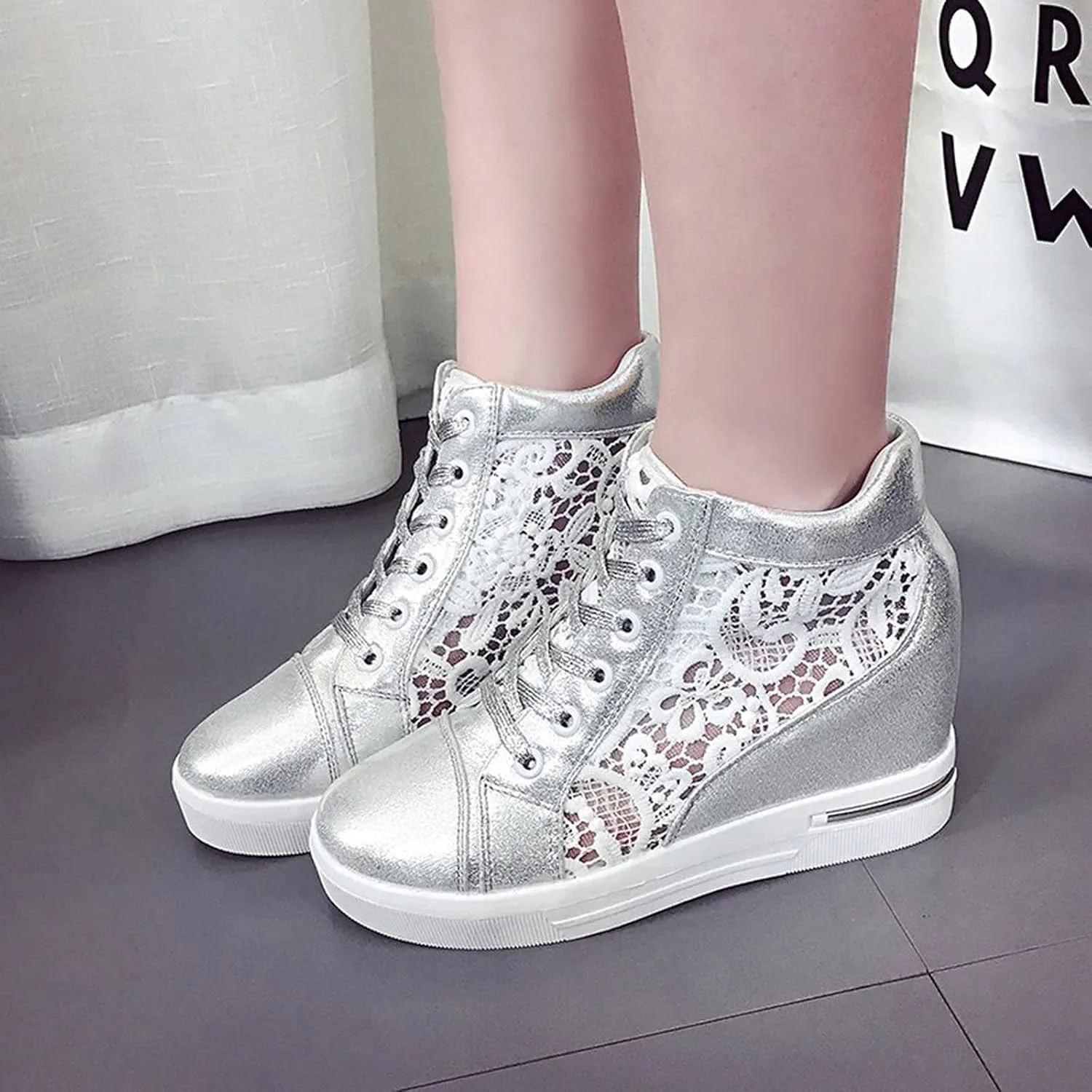 Womenyiaor Platform Hidden Heel Sneaker for Women, Women's Platform Wedge Sneakers Dressy Lace Up Shoes High Heeld High Top Sneakers Fashion Hidden Wedge Tennis Shoes Casual Canvas Shoes