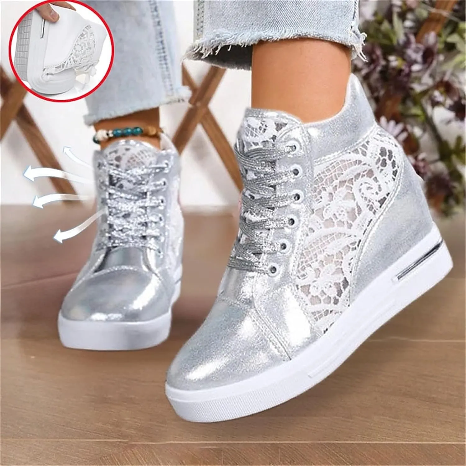 Womenyiaor Platform Hidden Heel Sneaker for Women, Women's Platform Wedge Sneakers Dressy Lace Up Shoes High Heeld High Top Sneakers Fashion Hidden Wedge Tennis Shoes Casual Canvas Shoes