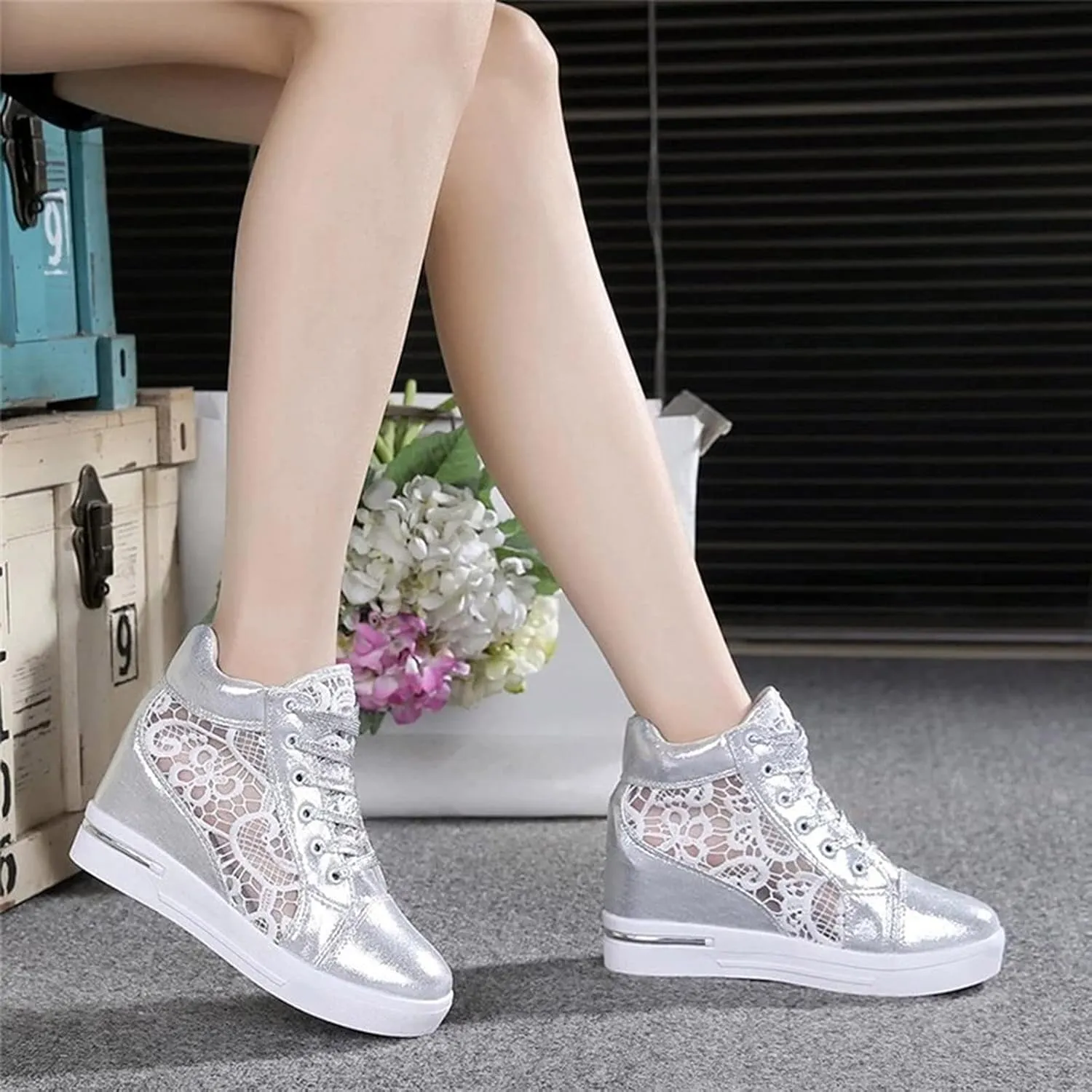 Womenyiaor Platform Hidden Heel Sneaker for Women, Women's Platform Wedge Sneakers Dressy Lace Up Shoes High Heeld High Top Sneakers Fashion Hidden Wedge Tennis Shoes Casual Canvas Shoes
