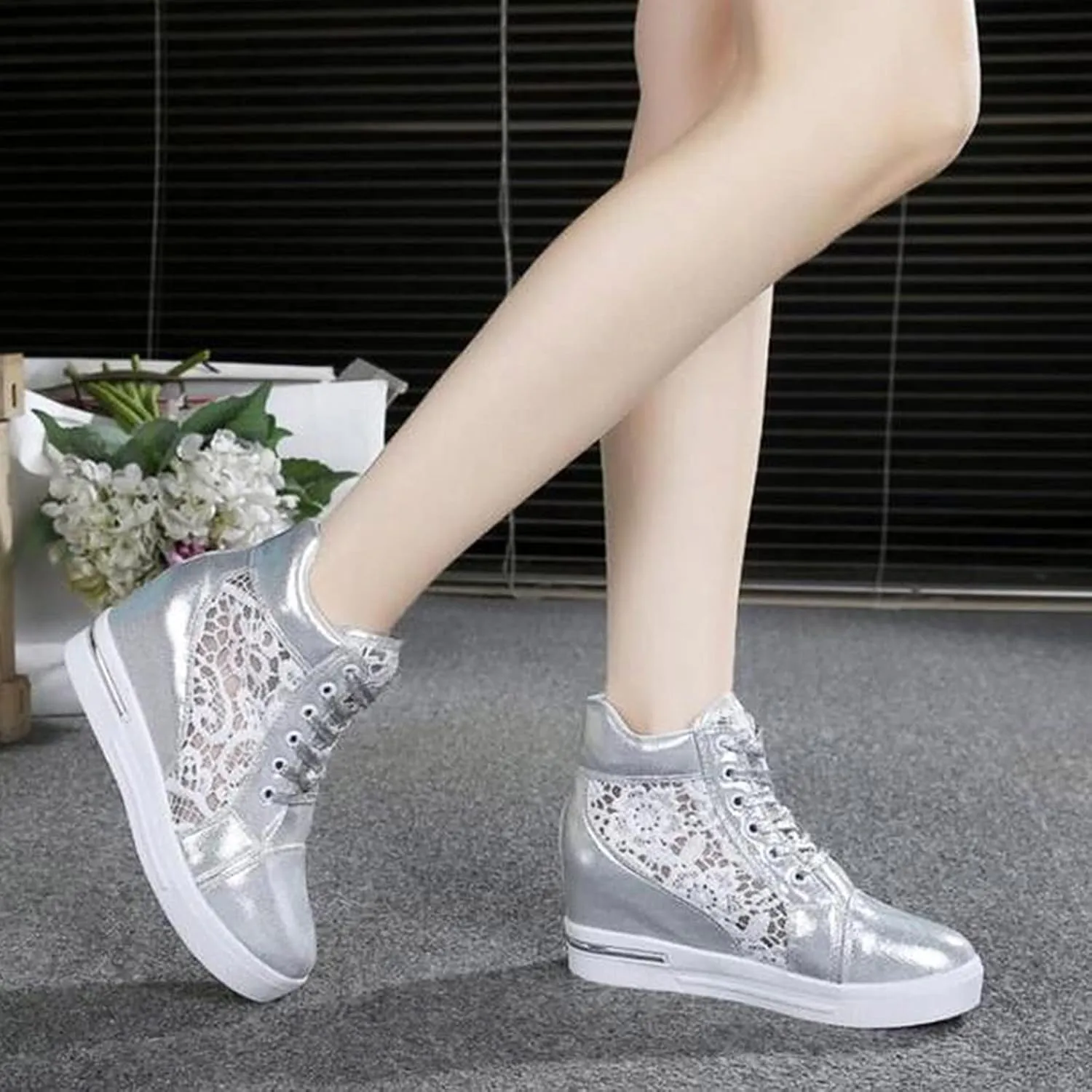 Womenyiaor Platform Hidden Heel Sneaker for Women, Women's Platform Wedge Sneakers Dressy Lace Up Shoes High Heeld High Top Sneakers Fashion Hidden Wedge Tennis Shoes Casual Canvas Shoes