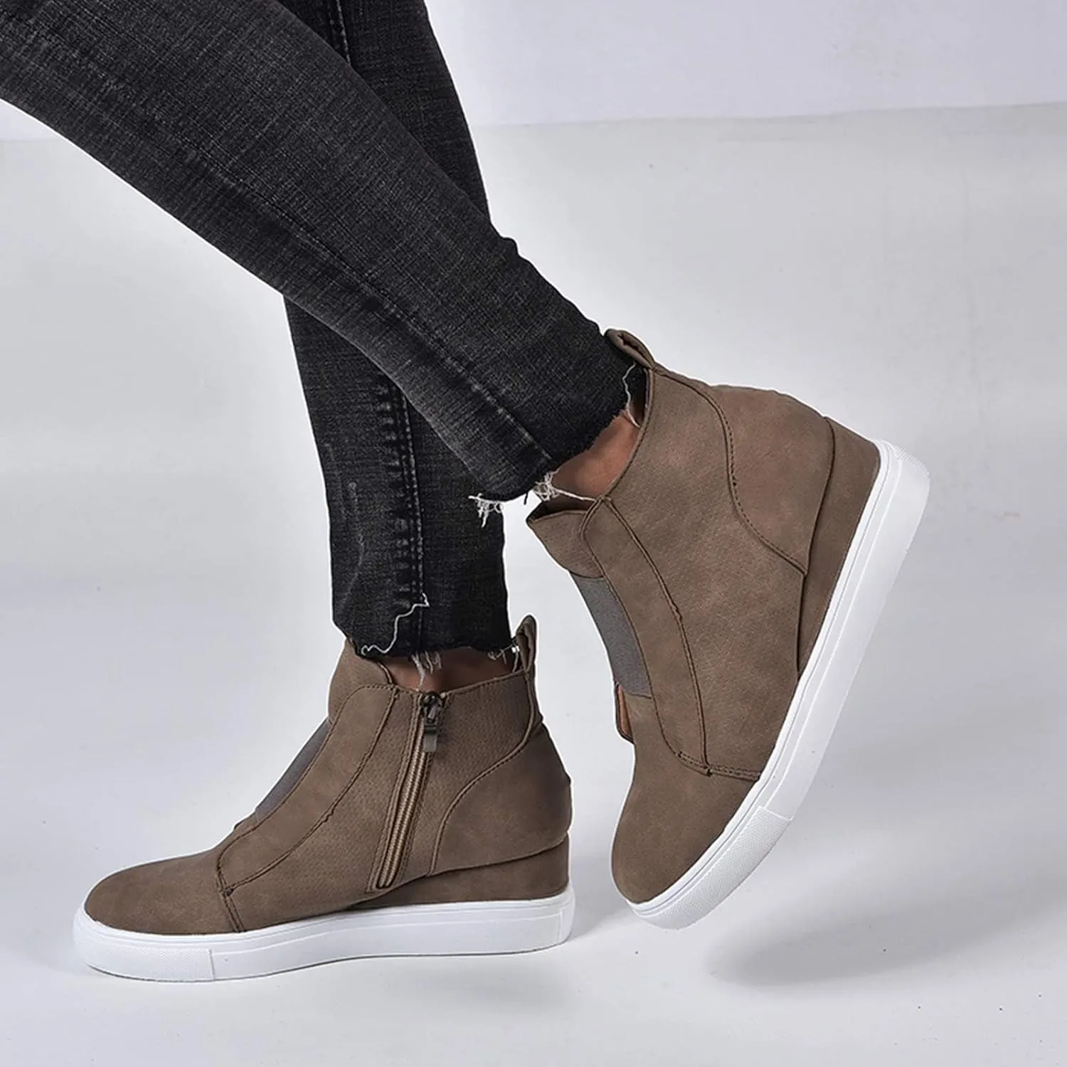 ZBYY Wedge Sneakers for Women Hidden Wedges Side Zipper Suede Platform Ankle Booties Fashion Casual High Top Sneakers