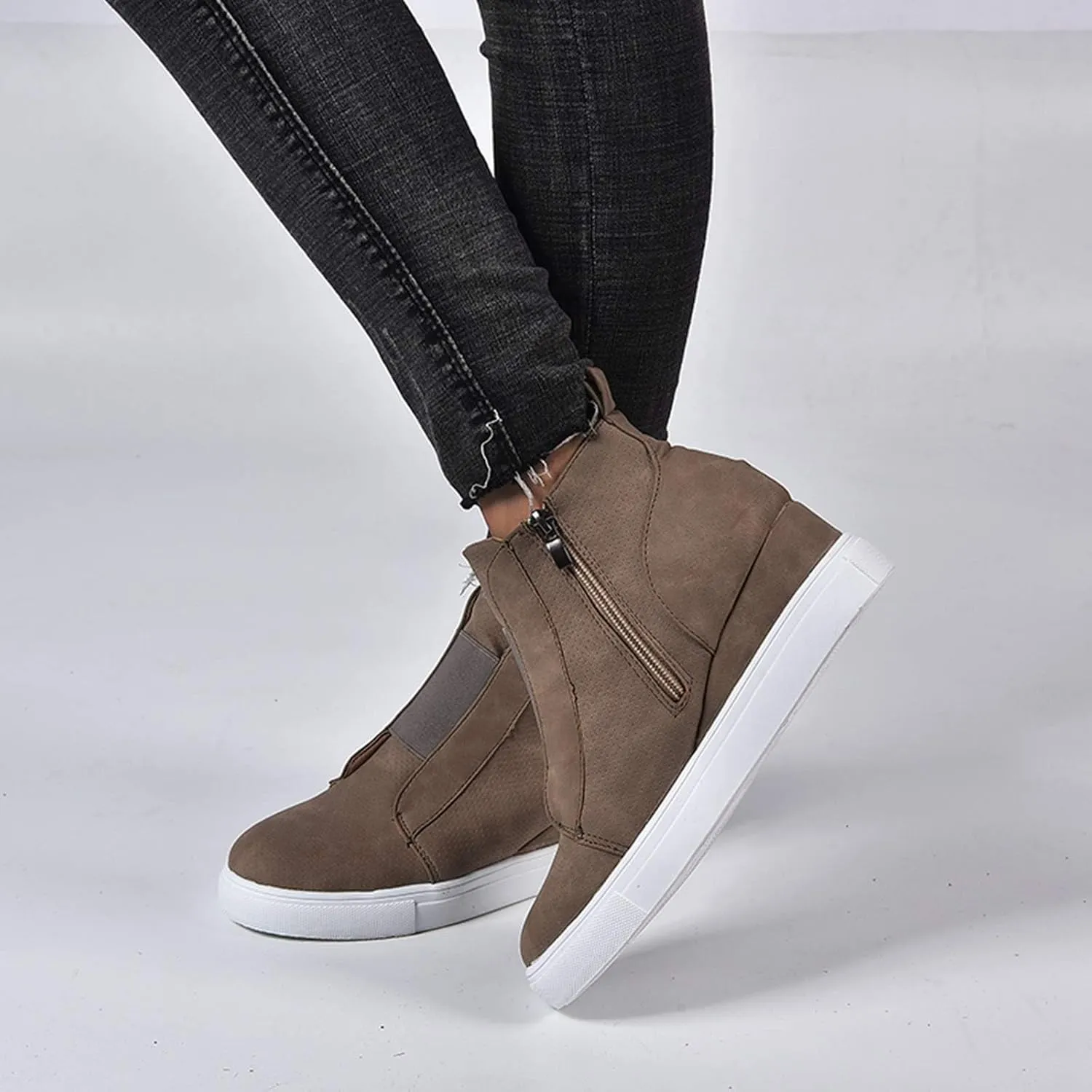 ZBYY Wedge Sneakers for Women Hidden Wedges Side Zipper Suede Platform Ankle Booties Fashion Casual High Top Sneakers
